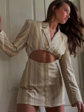 WeWoreWhat - Danielle Berstein- Striped Cutout Blazer Dress in Pale Yellow